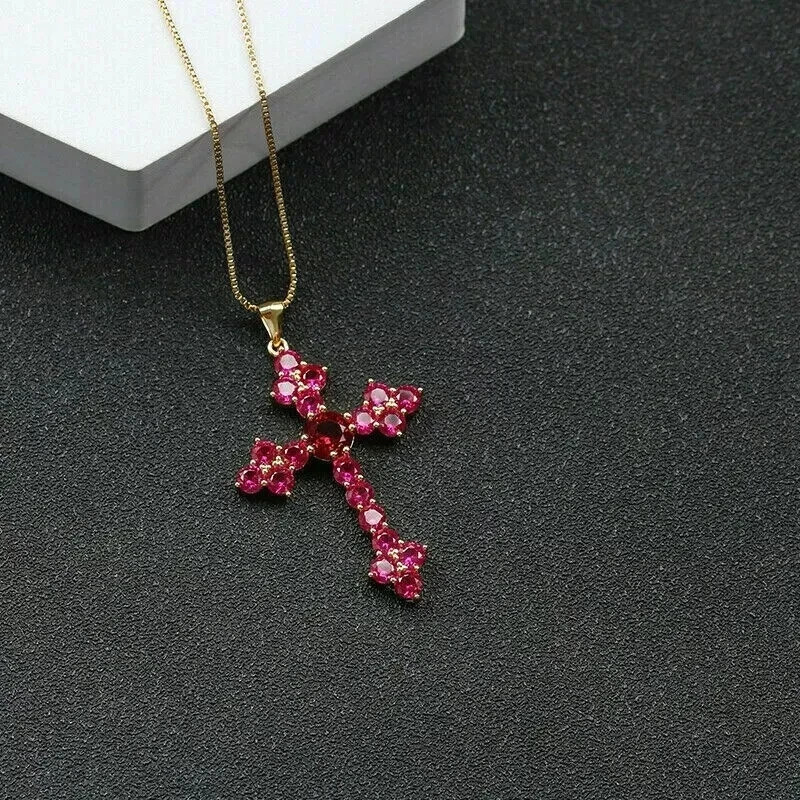 3.00 Ct Round Cut Lab Created Ruby Cross Pendant 14K Yellow Gold Plated