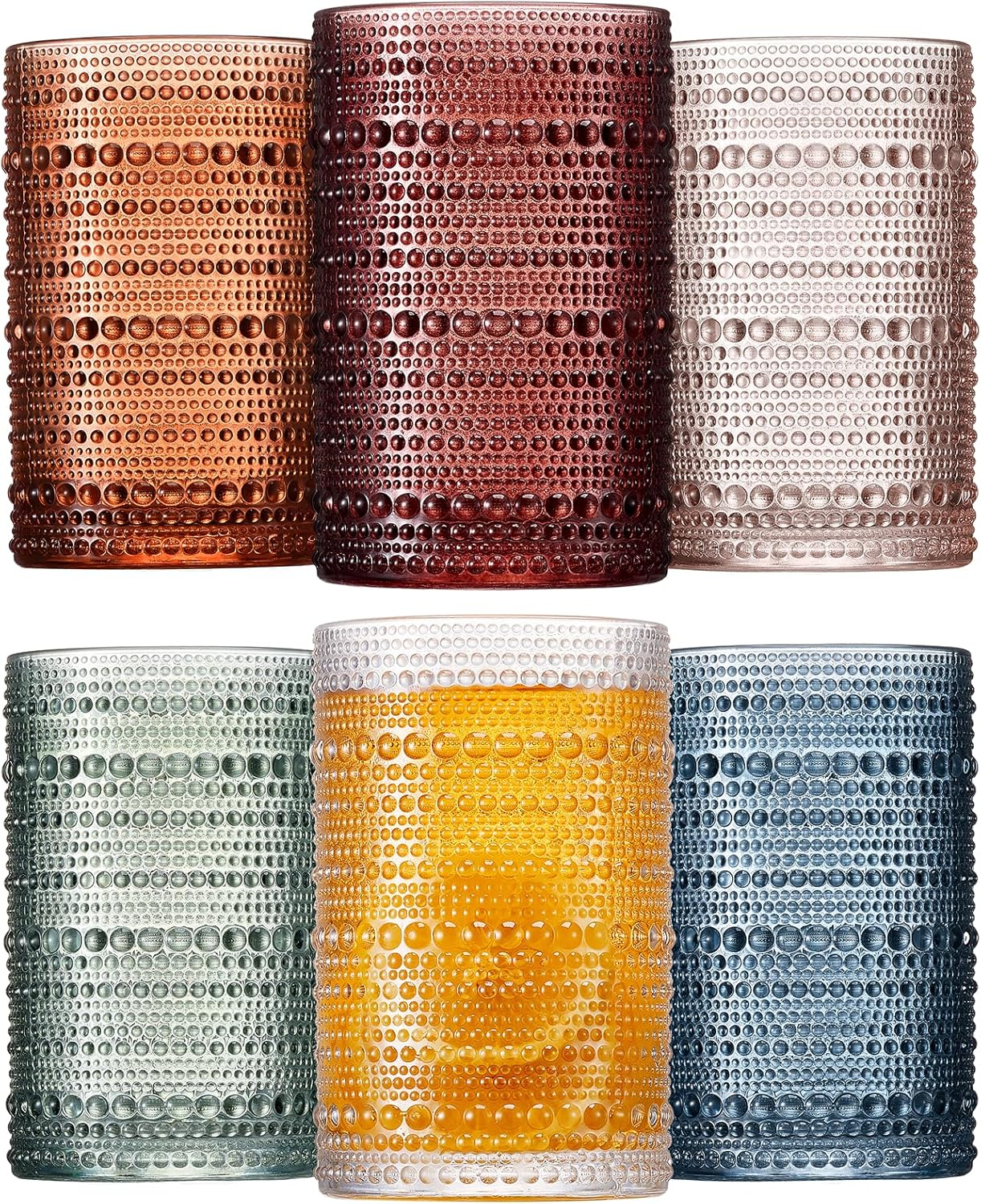 Set of 6 12oz Colored Hobnail Drinking Glasses Vintage Beaded Kitchen Glassware