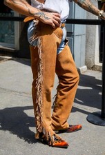 Men Western Denim Street Style Cowboy Chap Suede Leather Pant Riding Chaps