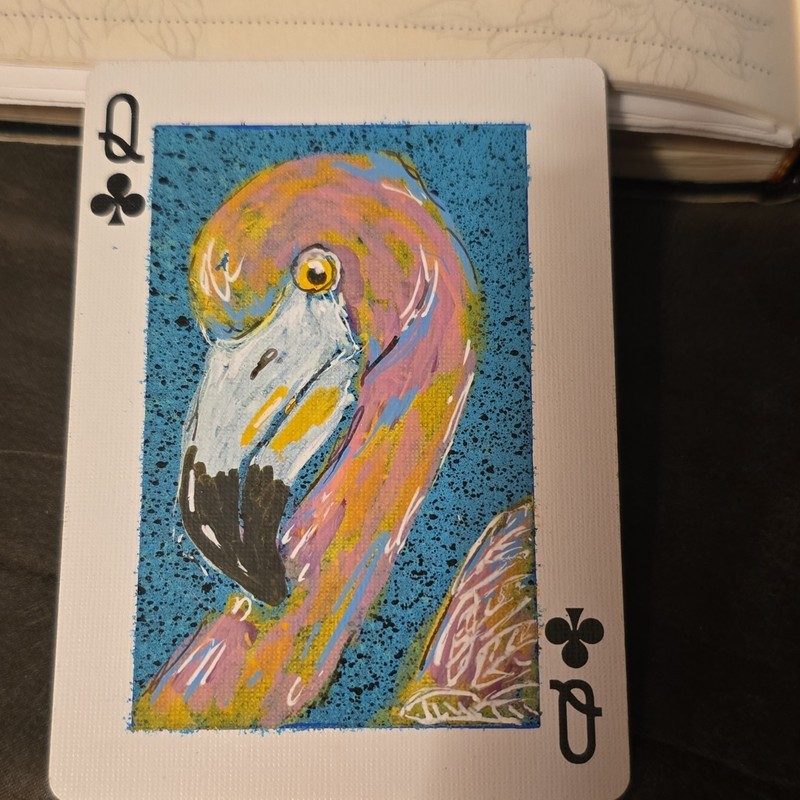 ACEO Art On Playing Card- Flamingo Profile On Queen Of Clubs Card