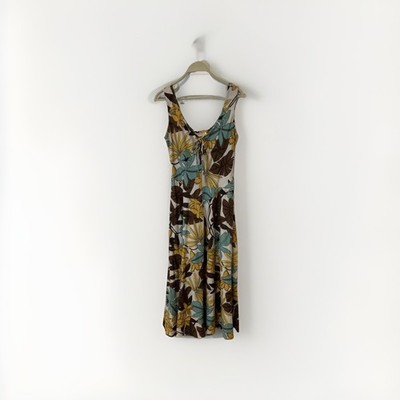 Vtg Chadwicks Womens 8P Dress Brown Floral Tropical Linen Blend Midi Coastal