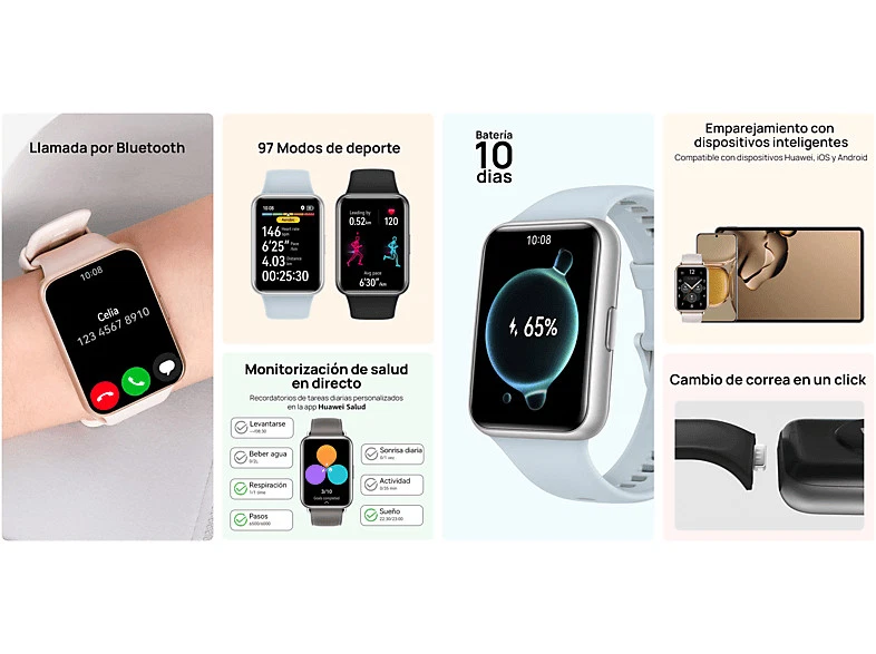 Smartwatch - Huawei Watch Fit 2, Batería hasta 10 días, 130 - 210 mm, Polímero - Imagen 2 de 4