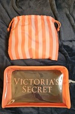 Victoria's Secret 2-Piece Beauty Travel Bag BOMBSHELL Striped Orange Zip Makeup