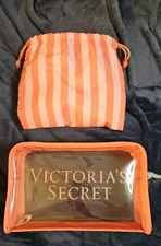 Victoria's Secret 2-Piece Beauty Travel Bag BOMBSHELL Striped Orange Zip Makeup 