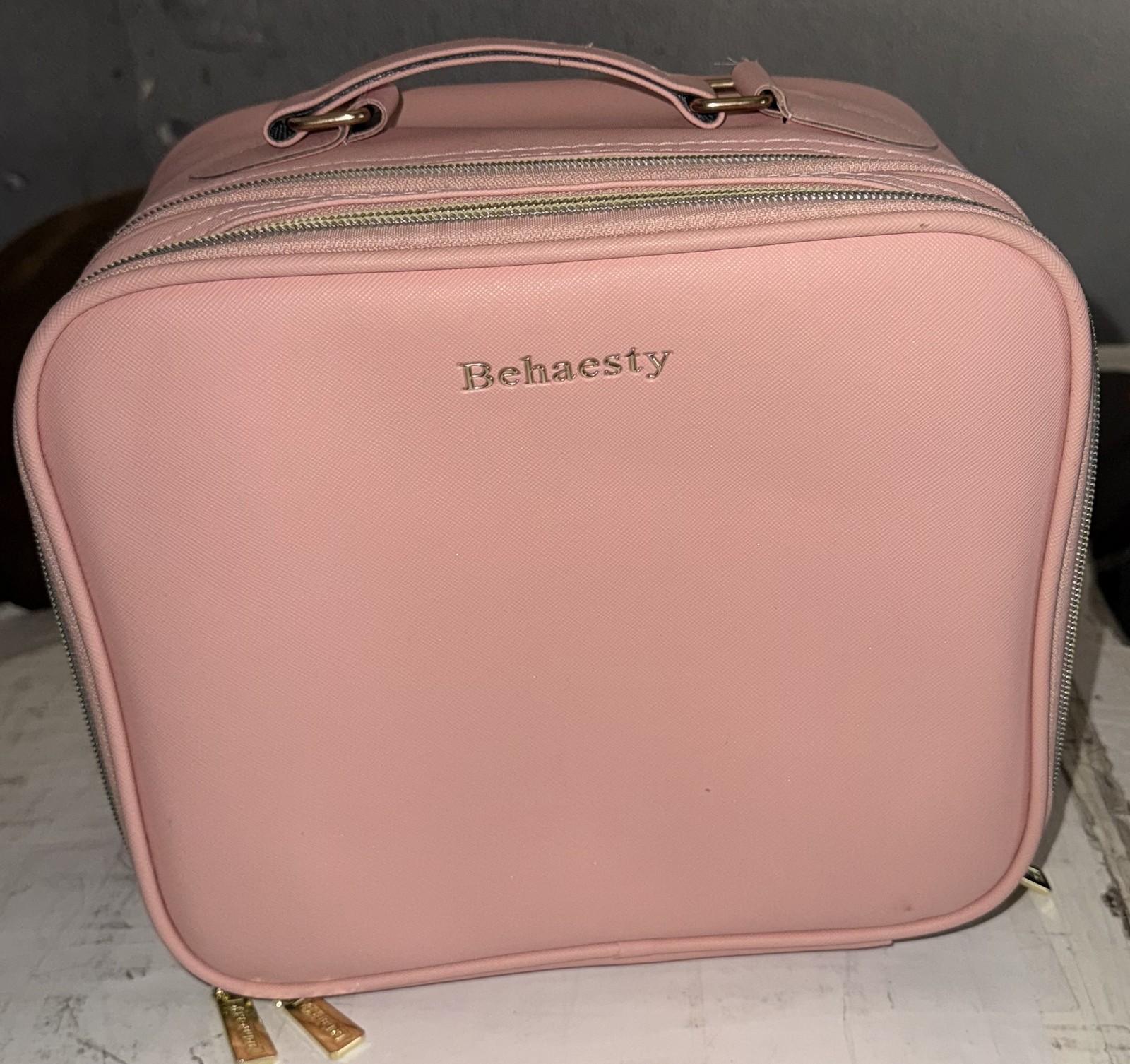 Behaesty Pink Train Case Soft Cosmetic Makeup Travel Toiletr