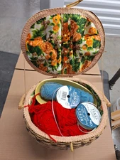 Vintage Woven Sewing Basket with Sewing Supplies: yarn, ribbons, 4 wooden legs