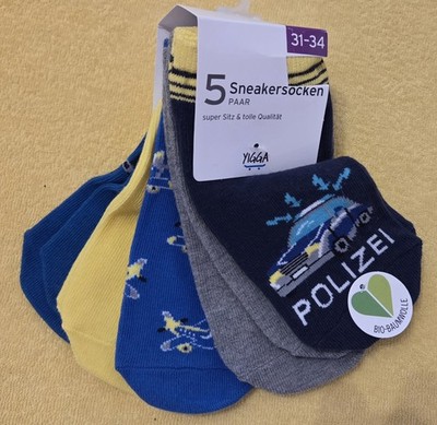   5 Paar Sneaker-Socken, Junge, Gr. 31-34, Polizeiauto, Topolino, NEU!!!  