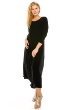 Travel Knit Dress, long A-Line,3/4Sleeve, Stretchy NO-IRON poly/span. Black