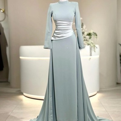 Mermaid Evening Dresses High Neck Sky Blue Satin Party Dresses Formal Prom  Gowns | eBay