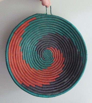 Colorful Woven Coil Natural Fiber Hanging Basket w/Handle Bohemian 10 3/4'' Diam.