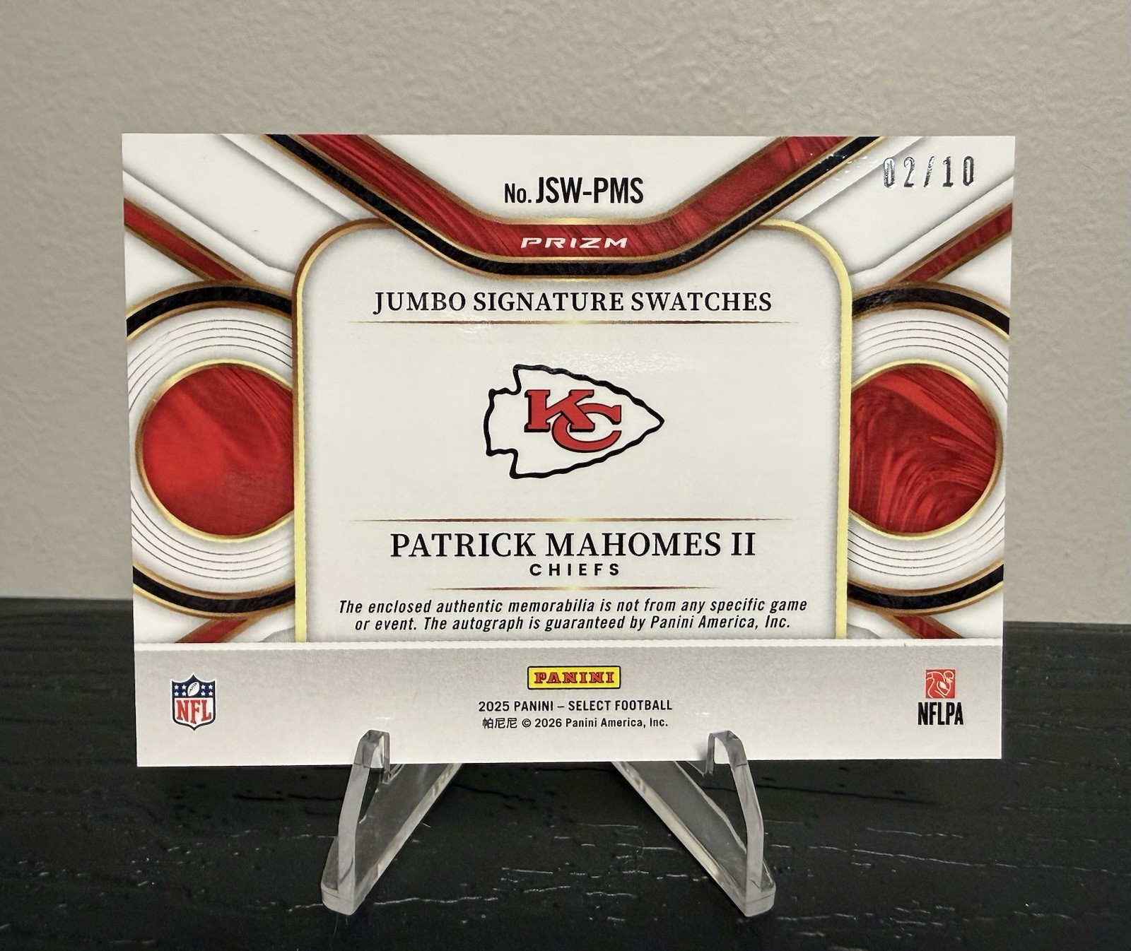 PATRICK MAHOMES II GOLD PRIZM /10 PATCH AUTOGRAPH — 2025 PANINI SELECT #JSW-PMS view 6
