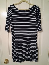 FRENCH CONNECTION SZ 12 Black & White Stripe 100% Cotton Midi Dress 3/4 Sleeve