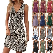 Womens V Neck Loose Dress Sleeveless Party Summer Holiday Vest Dresses Size 6-18