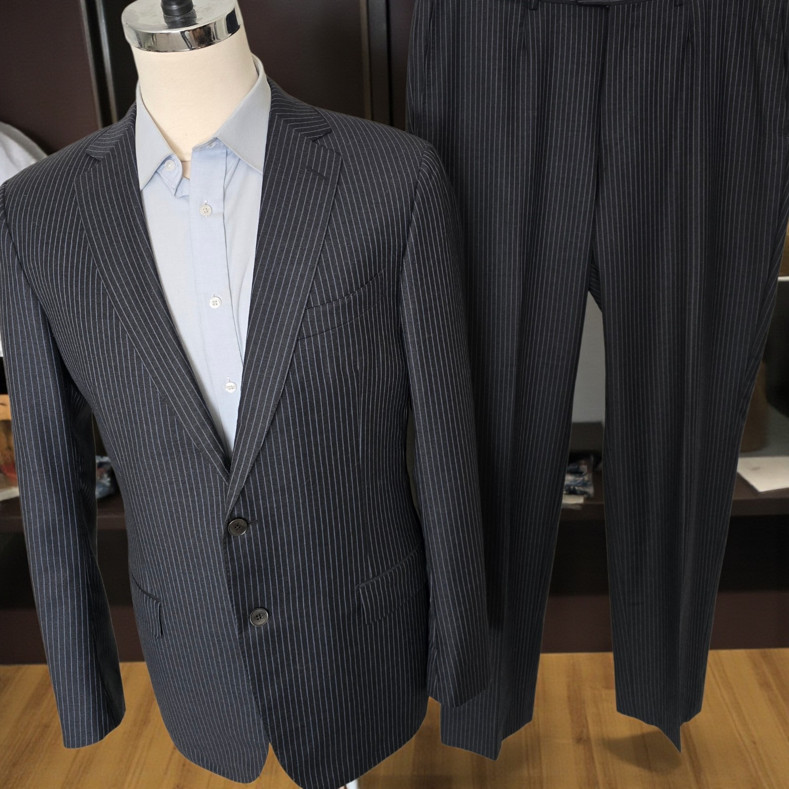 Ermenegildo Zegna Trofeo Suit 44r 37x33 Full Canvas Blue Cable Stripe Milano