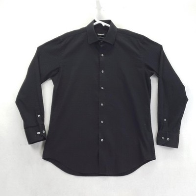 Bugatchi Dress Shirt Mens 16 Black Houndstooth Regular Fit Stretch Long Sleeve