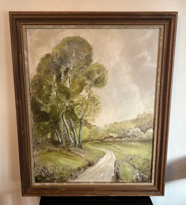 Vintage Signed Oil on Canvas Meadow Landscape Painting, C HOUGH
