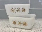 2 Vintage Glasbake Refrigerator Dish Gold Atomic Snowflake Pint Milk Glass MCM