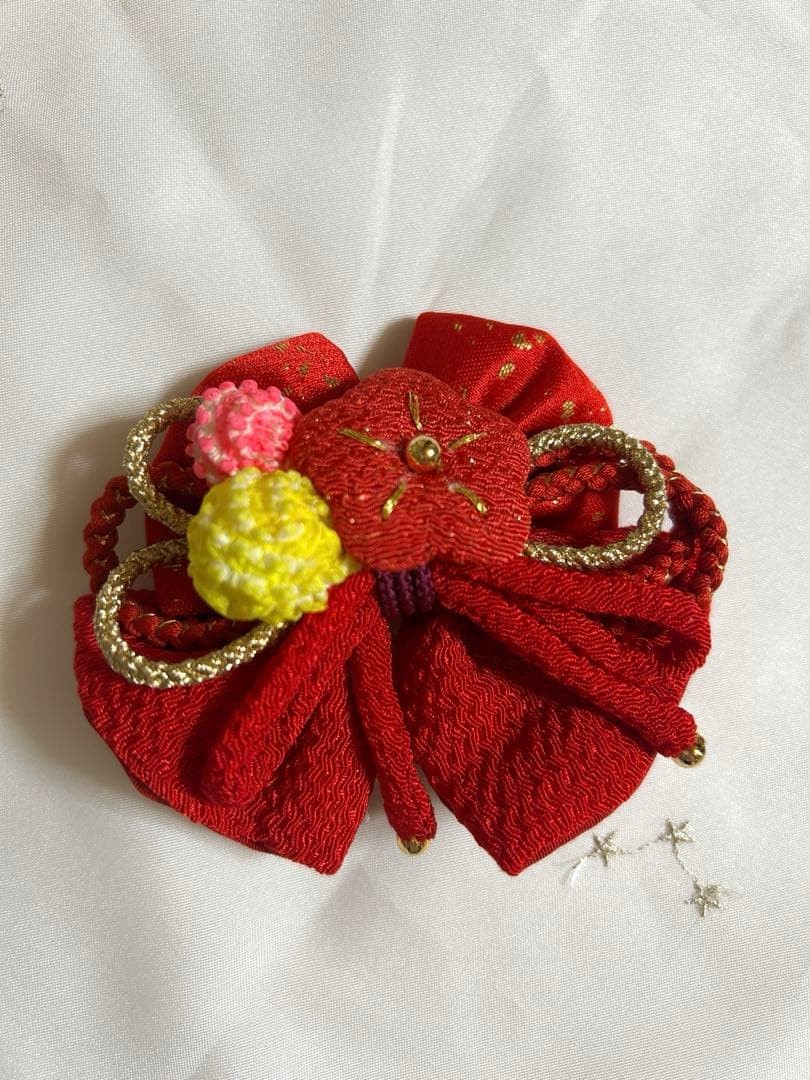 Japanese Hair Ornament Red Ribbon Kum-himo & Plum Blossom, Kanzashi Style