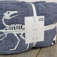 POTTERY BARN KID DINO BONES QUILT TWIN BLUE EMBROIDERED APPLIQUE COTTON CHAMBRAY