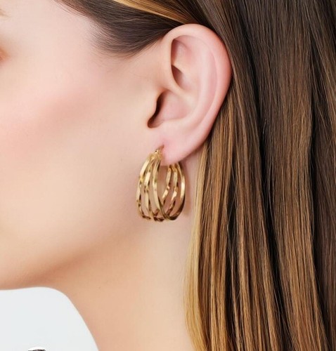 18K Yellow Gold Filled Hoop Earrings with 3 Layer Twist, Large Huggie Hoops. - Picture 4 of 4