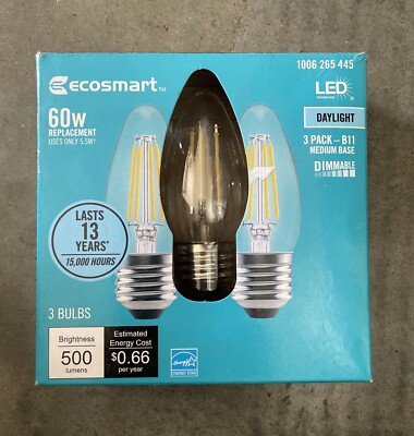 (3-Pk) Ecosmart LED Vintage Edison Light Bulb Blunt Tip 60W Equivalent 