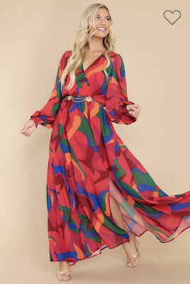 Reddress Overnight Celebrity Red Multi Print Maxi Full Skirt Dress Size S
