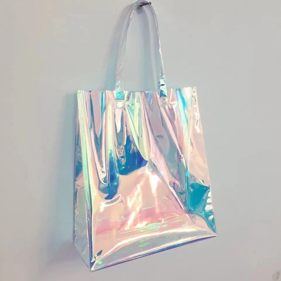 INHEMING Iridescent Clear Tote Bags, Fashion Holographic Clear Handbag for Beach, Large Transparent Stadium Concert Work Bag