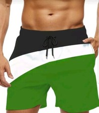 New Trendy Color Block Pattern Print Men's Swim Trunks L Quick Dry Pockets