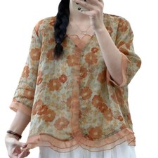 Women Flower Print Mesh Trims Tee Shirt Ethnic Blouse Top Ethnic Loose Thin Chic