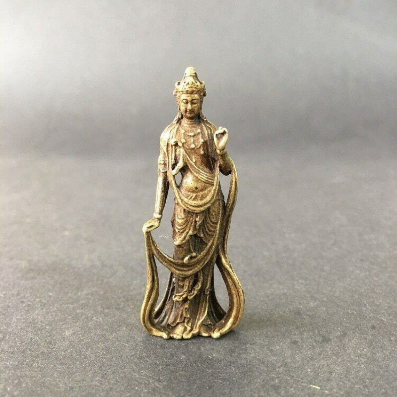Collectable Buddha Exquisite Small Statu Chinese Brass Carved Kwan-yin Guan Yin