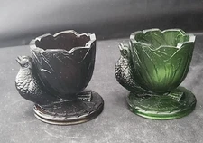 Vintage Amethyst Purple & Hunter Green Glass Toothpick Holder Pair with Birds