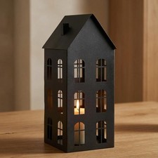 LATERNE HAUS FÜHRTE KERZE LATERNE HANDGEFERTIGT SCHWARZ METALL DEKORATION