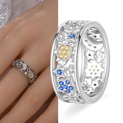 KUNSIR 925 Sterling Silver Openwork Wide Band Ring Star &Moon Ring Size 7-9inch