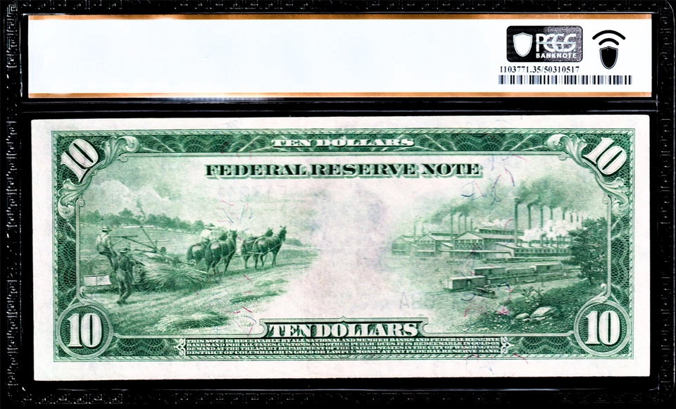 USPC FR#926 1914 $10 FRN LARGE BLUE SEAL PCGS CHOICE VF35 S/N#F13041769A - Image 2 of 4