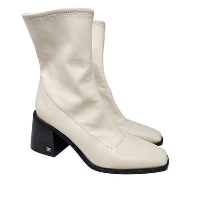 Sam Edelman Wells Sz 8 White Faux Leather Vegan Boot Minimalist Sock Fittted