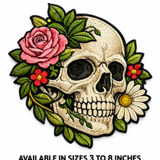 Floral Skull Embroidered Iron-On Patch 3-8in Gothic Tattoo Style