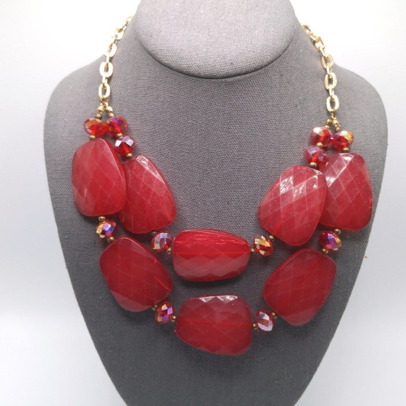 Red Large Bead Red Crystal Statement Necklace, Tw… - image 2