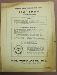 Craftsman 4 Cycle Gas Engine Operating Instructions Model 143-50045 C31G