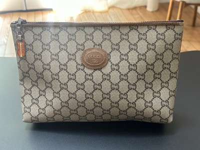 Gucci Vintage GG Plus Supreme Clutch Bag PVC Beige Gold Auth bs33292
