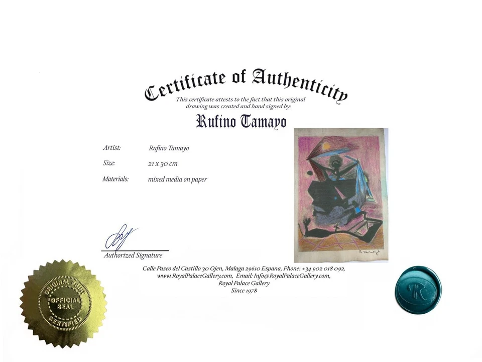 Rufino Tamayo COA 艺术绘画 原版绘画 复古纸 签名 — 第 3/3 张图片