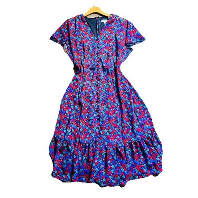 Calvin Klein Dress SZ 8 M Flare Garden Red Chiffon Floral Cottage Flowy Romantic