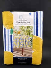 PEVA 70" Round Vinyl Tablecloth - Lemons on Blue Stripes NOS by Mainstays