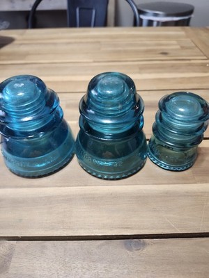 Set of 2 AQUA Hemingray 42 and 1 Hemingray 10Glass Insulators. Some chips