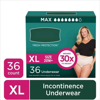 Fresh Protection Incontinence Underwear for Women, Adult Diapers, XL, 36 Count