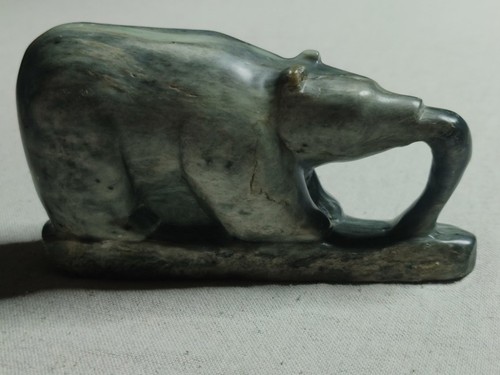 Vintage Soapstone Bear w/fish Sculpture Signed EJ Inuit Carving Quebec, Canada