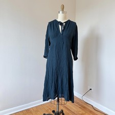 Uniqlo Peacock Teal Prairie Midi Dress Size L V-Neck Tie Neck Crinkle Crepe EUC