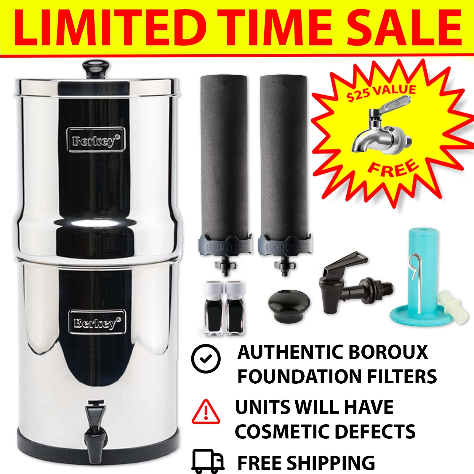 BLEMISHED Berkey Water Filter System w/ NSF Certified Boroux Black Filters