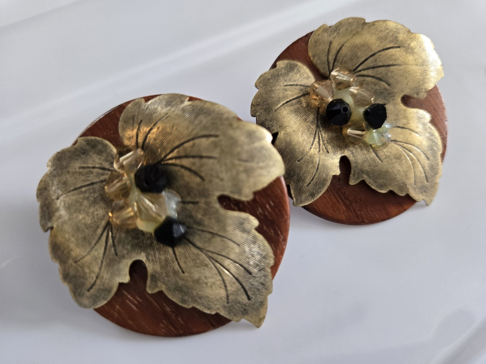 Vintage Earrings - Round Wooden Backs with Raised Brass Leaf -Leaves Design