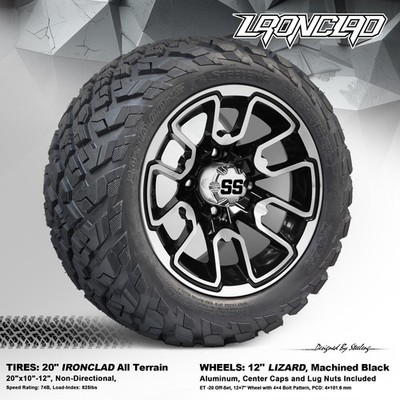 4xGOLF CART 12'' MACHINED 'LIZARD' WHEELS and 20''x10''-12'' IRONCLAD A/T TIRES