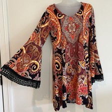 Venus Bell Sleeve Dress Sz L Whimsigoth Colorful Bold Print Short Crochet Trim